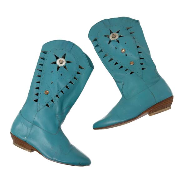 Vintage Shoes - Vintage 80s Concho Stoned Southwestern Cowgirl Boots 6 / 5.5 Turquoise Leather